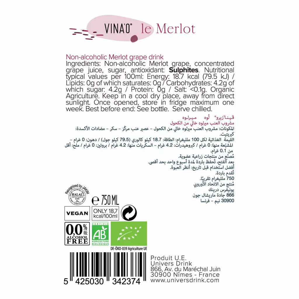 VINA’0° le Merlot Organic Non Alcoholic Wine, Case 6x75cl