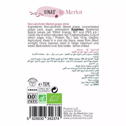 VINA’0° le Merlot Organic Non Alcoholic Wine, 75cl